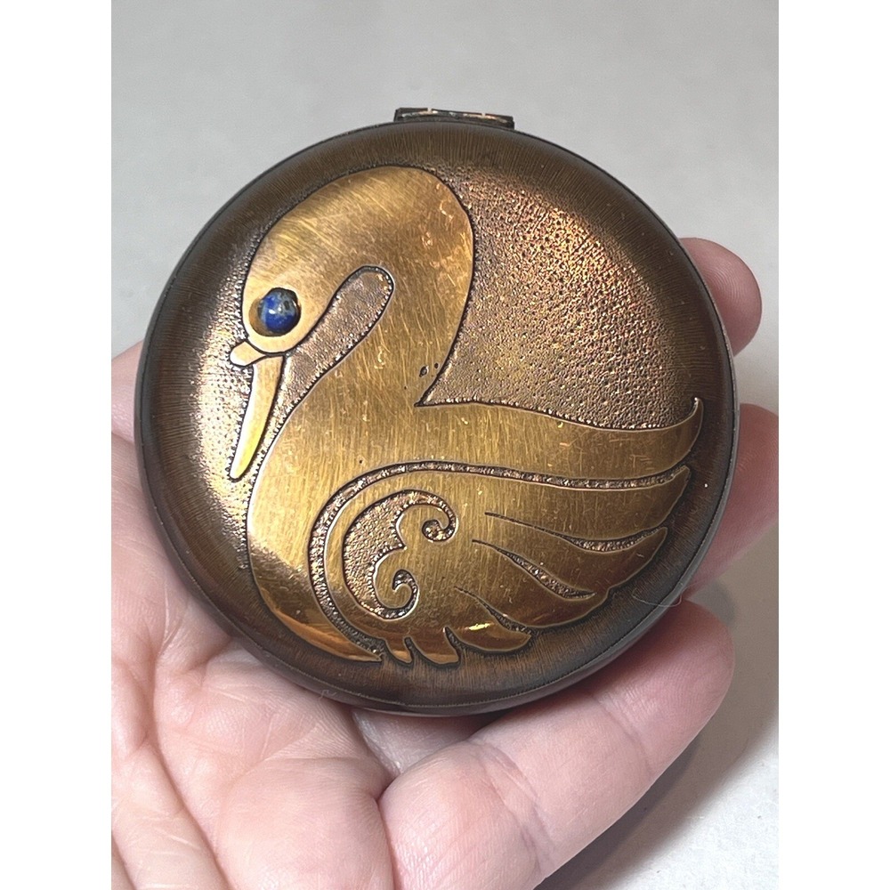 Vintage Modernist Taller Origen Chile Round Brass Swan Lapis Box Signed Trinket